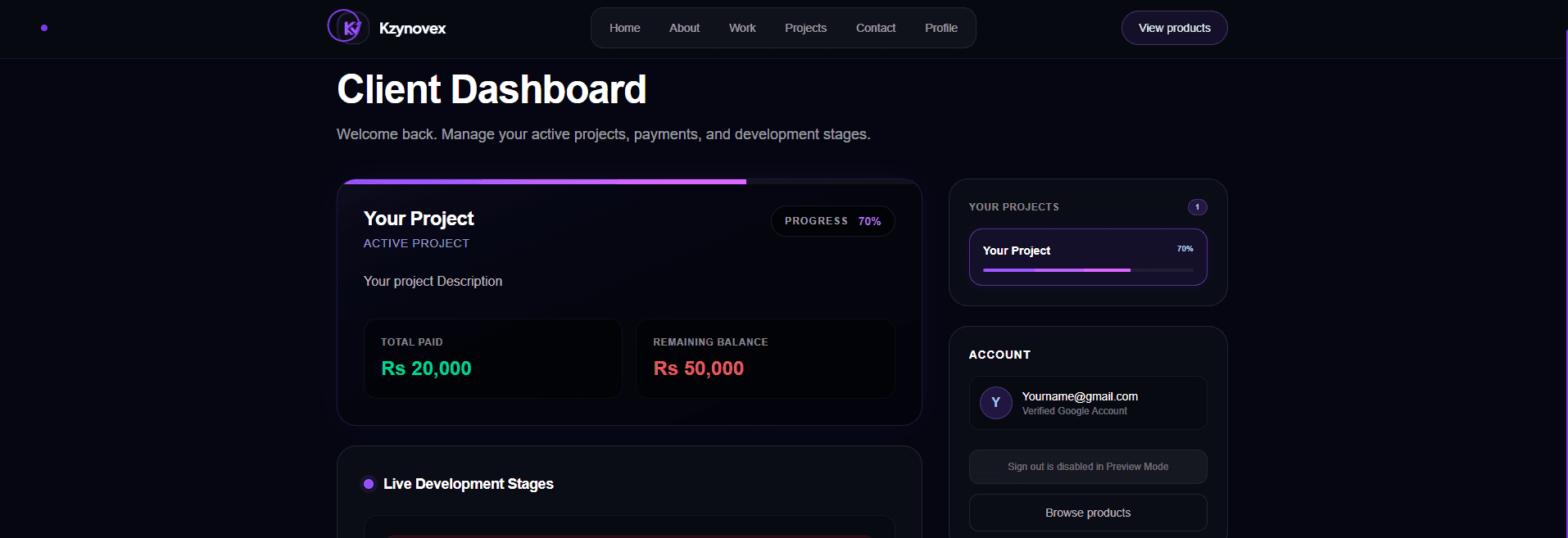 Kzynovex Client Portal Dashboard Preview